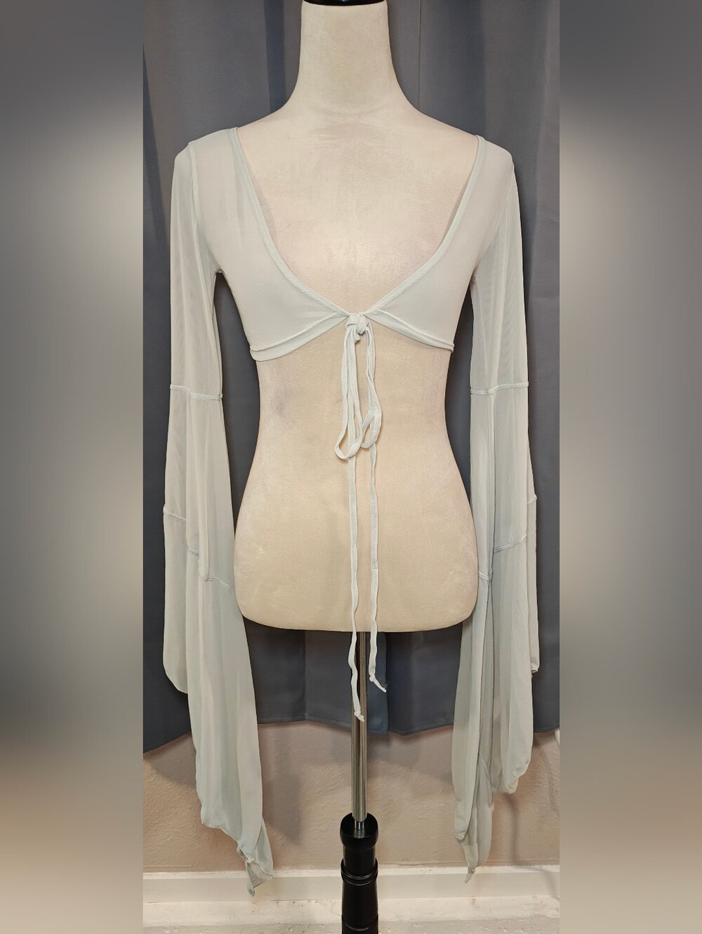 Darker Wavs Sheer Tie Front Festival Crop Top w Dramatic Fairy Bell Sleeves.